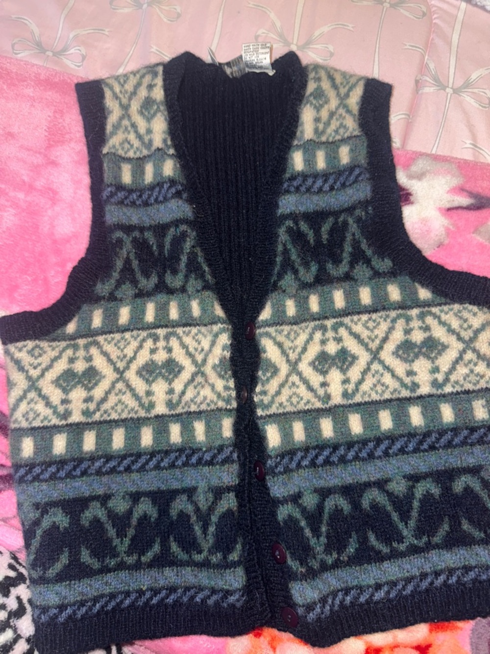 Men's Dark Green & Cream Patterned Knit Cardigan Vest